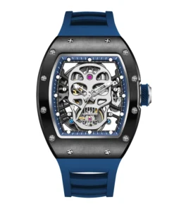 Automatic Skeleton Watch Mechanical Movement Waterproof Tonneau Wristwatch with Silicon Strap for Sports Casual Hollow Design