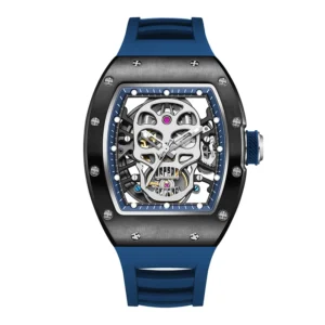 Automatic Skeleton Watch Mechanical Movement Waterproof Tonneau Wristwatch with Silicon Strap for Sports Casual Hollow Design
